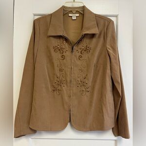 Dressbarn Womens Size M Brown Floral Embroidered Long Sleeve Full-Zip Jacket